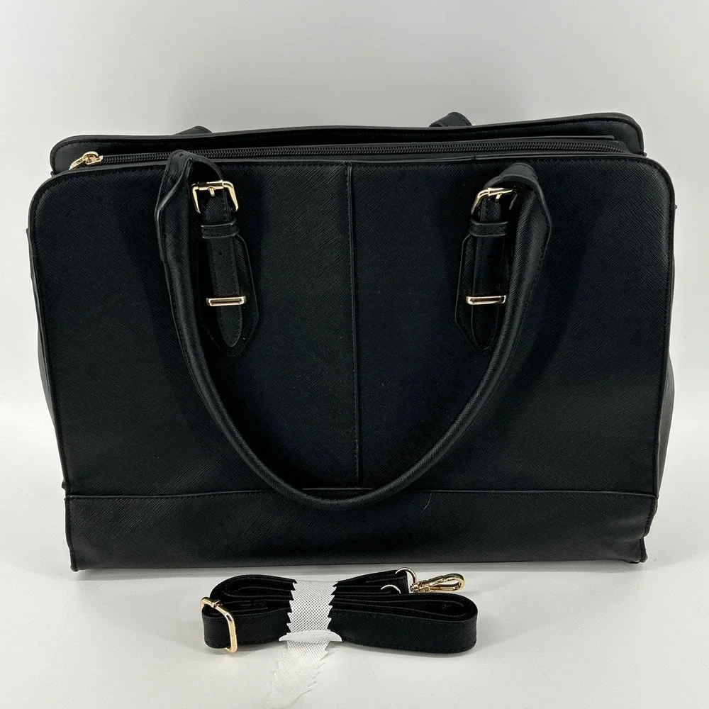 Black Saffiano Faux Leather Laptop Strap Tote Commuter Bag Work Briefcase Travel